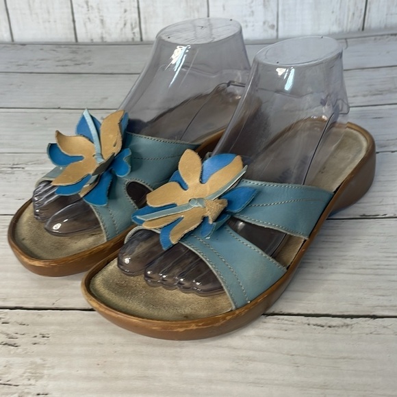Naot Shades of Blue and Beige Leather Flower Embellished Slide Sandals - Picture 2 of 12
